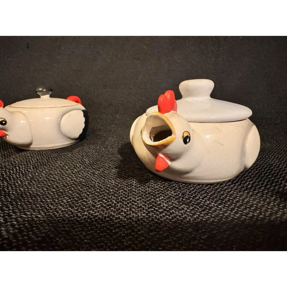 Vintage Coq Rouge Rooster Ceramic Creamer & Sugar Bowl Lidded MCM Kitchen Set
